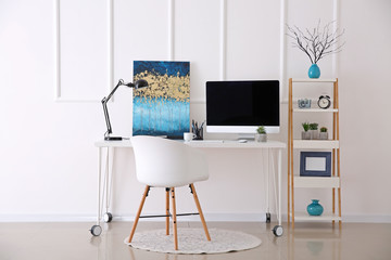 Stylish workplace with modern computer near white wall