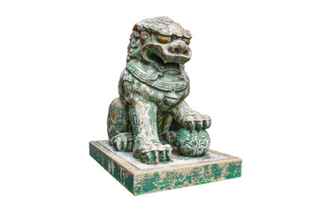 Green stone ancient chinese guardian lion statue isolated on white background.