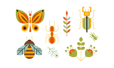 Collection of insects and plants, butterfly, bee, ant and nature and beetle deer, ecology design elements vector Illustration