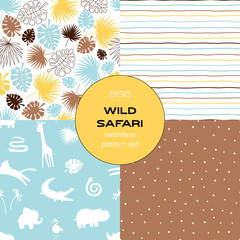 Safari themed vector seamless background set includes tropical leaves, stripes, african animals silhuettes and polka dots patterns, vector graphics, kids and baby summer textile tee shirt apparel