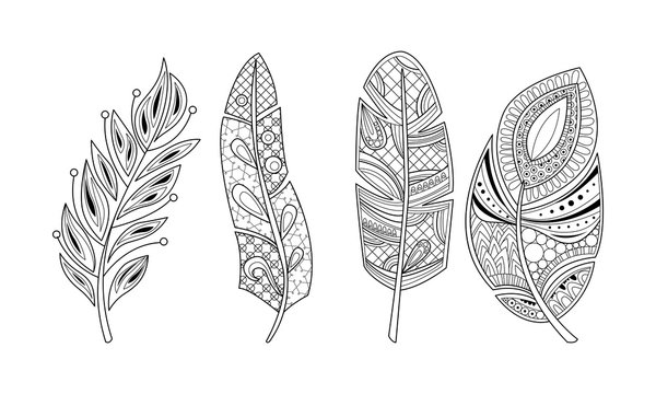 Collection of stylized feathers, black and white tribal, artistically drawn feather, pattern for coloring page, tattoo design vector Illustration on a white background