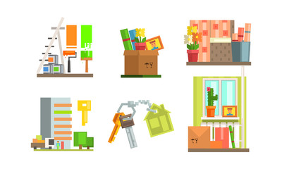 Real estate icons set, people moving to a new home, making repairs in the apartment vector Illustration