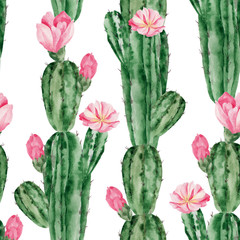 Watercolorseamless pattern  with green cactus and flower