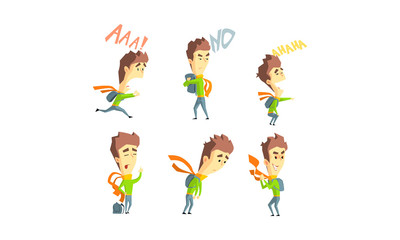 Young man showing different emotions set, guy with different facial expressions and poses vector Illustration