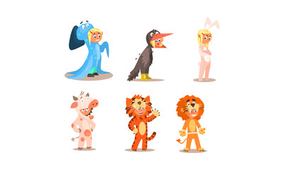 Girl and boy in different masquerade costumes set, ghost, bunny, cow, tiger, lion, vector Illustration