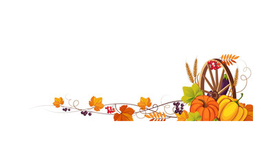Thanksgiving banner with cornucopia and space for text, autumn vegetables, leaves and wooden wheel vector Illustration
