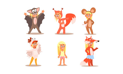 Girl in different masquerade costumes set, bat, squirrel, monkey, fox, duckling vector Illustration