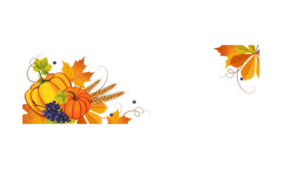 Thanksgiving banner with space for text, autumn vegetables, fruits and leaves vector Illustration