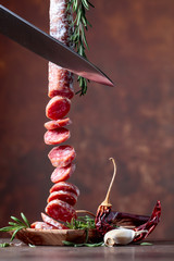 Homemade smoked salami .