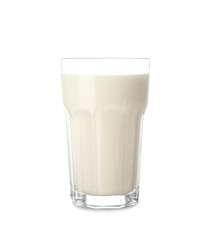 Glass of tasty milkshake on white background