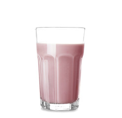 Glass of tasty milkshake on white background