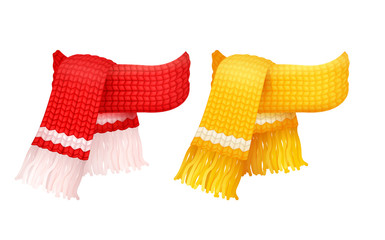 Yellow and red knitted scarf, white woolen threads