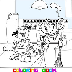 The vector illustration shows how funny children cook food in the kitchen. Cartoon boy and girl learn to fry pancakes. Done in the black white outline for a coloring book.