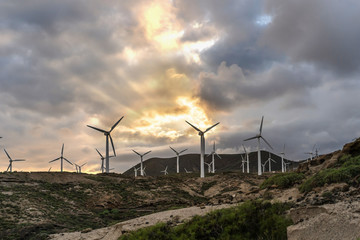 Landscape with turbine green energy generating electricity , windmills for electric power...
