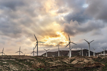 Landscape with turbine green energy generating electricity , windmills for electric power production.