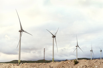 Landscape with turbine green energy generating electricity , windmills for electric power...