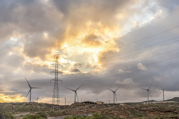 Landscape with turbine green energy generating electricity , windmills for electric power production.