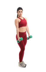 Sporty muscular woman with dumbbells on white background