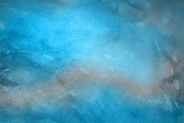 Colorful winter blue ink and watercolor textures on white paper background. Paint leaks and ombre effects. Hand painted abstract image.