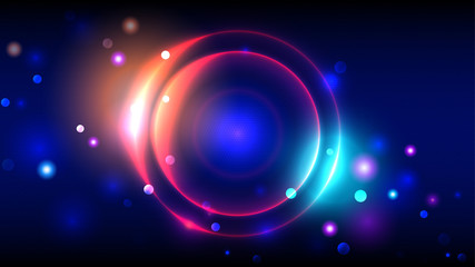 Bright party background, neon glowing circles, abstract multicolor round frame, bokeh