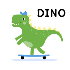 Cute dinosaur on a skateboard, hand-drawn in Scandinavian style. Ideal for printing on children's clothes. - 241554481