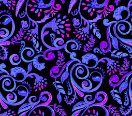 Blue floral pattern on black background. Hand made watercolor seamless texture for clothes, fabric