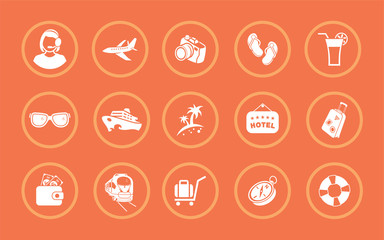 A set of vector illustrations for registration of a tourist subject. Icons the girl operator, the plane the camera bedroom-slippers a glass with lemon points the palm tree boat the plate hotel a purse