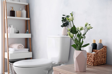 Modern interior of restroom with ceramic toilet bowl