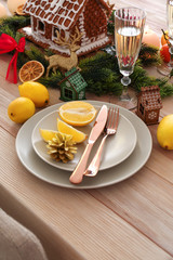 Festive table setting for Christmas dinner