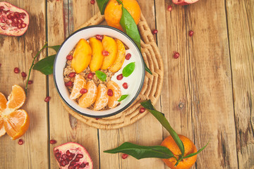Tropical fruit Breakfast homemade granola yogurt. Healthy