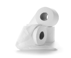 Rolls of toilet paper on white background