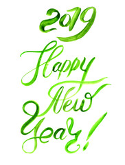 watercolor lettering, text Merry Christmas and Happy New Year Russian