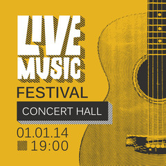 Fototapeta premium Vector banner or poster for live music festival with guitar in retro style on the yellow background