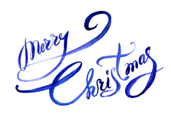 text Merry Christmas hand painted blue watercolor lettering