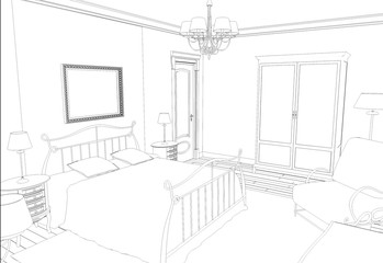 bedroom, contour visualization, 3D illustration, sketch, outline
