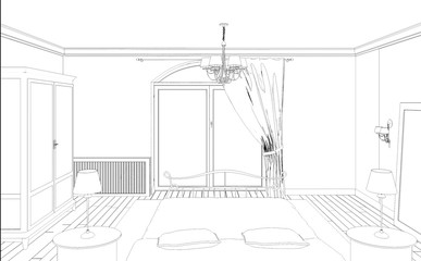 bedroom, contour visualization, 3D illustration, sketch, outline