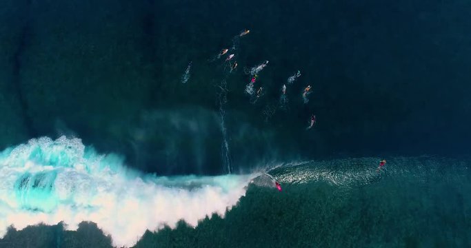 surfing in aerial view, teahupoo papeete french polynesia