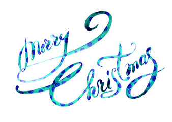 text Merry Christmas hand painted blue watercolor lettering