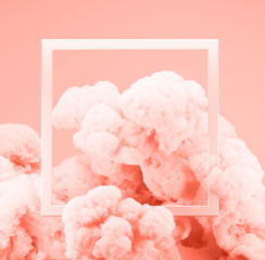Abstract pastel Living Coral color paint smoke or explosion with pastel pink background. Fluid composition with copy space. Minimal natural luxury