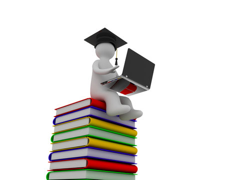 3d man sitting on a pile of books working at his lapop