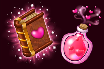 Isometric book of magic spells and witchcraft for computer game decorated heart in cartoon style. Elements for Valentine's Day. Magical love elixir. Vector illustration.