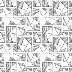 Seamless vector pattern. Black and white geometrical hand drawn background with rectangles, squares, triangles. Print for wallpaper, packaging, wrapping, fabric. Line drawing, graphic design