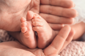 Mother's hands holding tiny feet of little baby, closeup