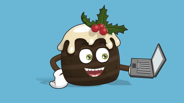 Cartoon Christmas Cake Holding Laptop in Hand with Face Animation Alpha Matte