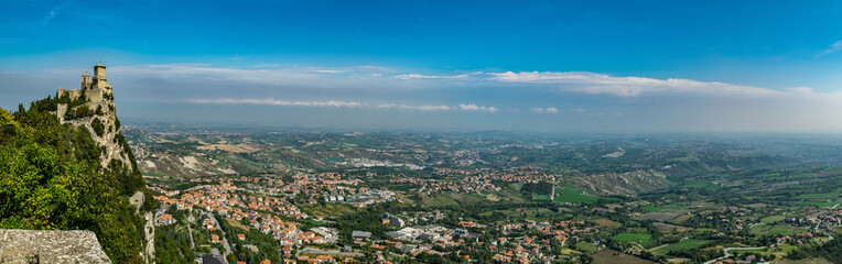 Panoramic view on medieval castle Torre Guaita on top of the mountain, old city of republic of san marino