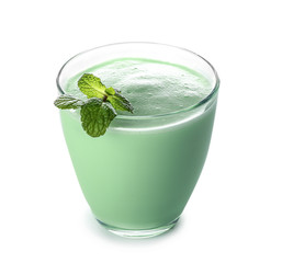 Glass of tasty milkshake on white background
