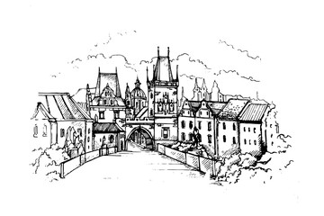 Vector Illustration of Prague main sights at dawn: Lesser Town Bridge Towers on Charles Bridge and Prague castel. Czech Republic, Bohemia.Sketch 
