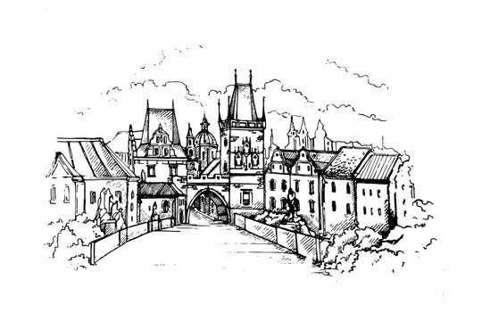 Vector Illustration of Prague main sights at dawn: Lesser Town Bridge Towers on Charles Bridge and Prague castel. Czech Republic, Bohemia.Sketch 