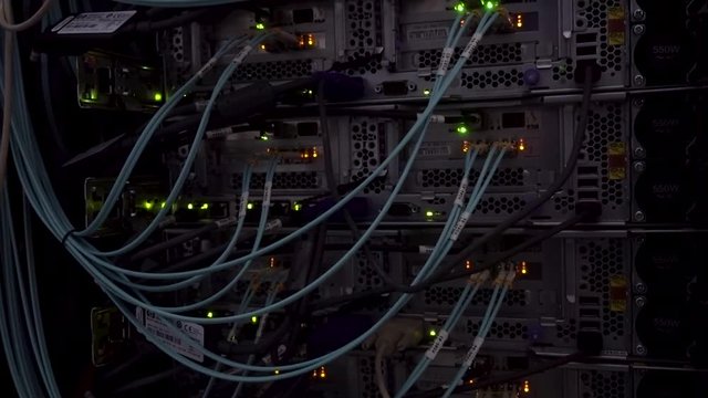 RUSSIA, MOSCOW - January 3, 2018: Optical Fiber Cable Connector Activity Indicator Blinking. 