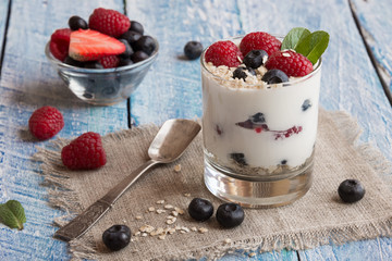 Delicious yogurt with fresh fruit and cereals
